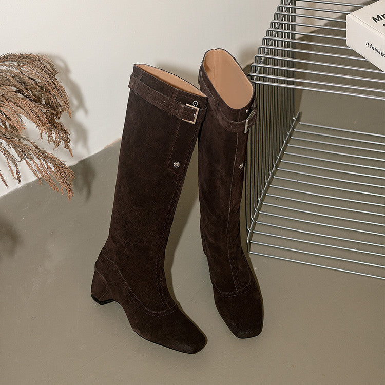 Karin Luna Belt Buckle Elegant Chunky Heel Suede Western Boots
