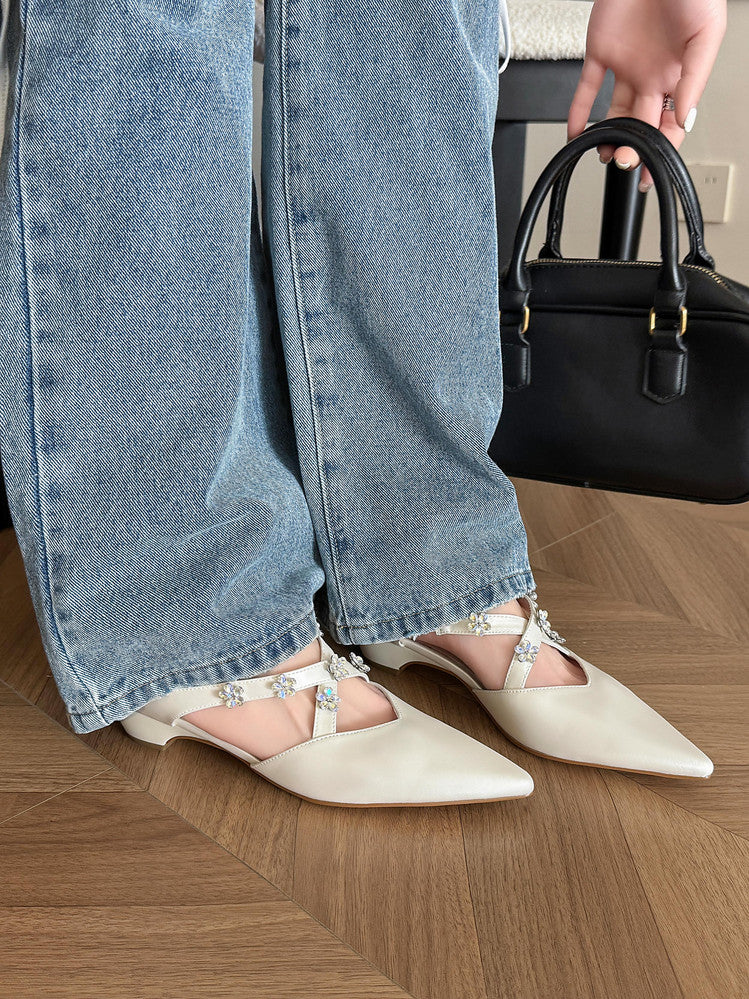 Karin Luna Elegant Pointed Toe Rhinestone Flower High Heel Mules