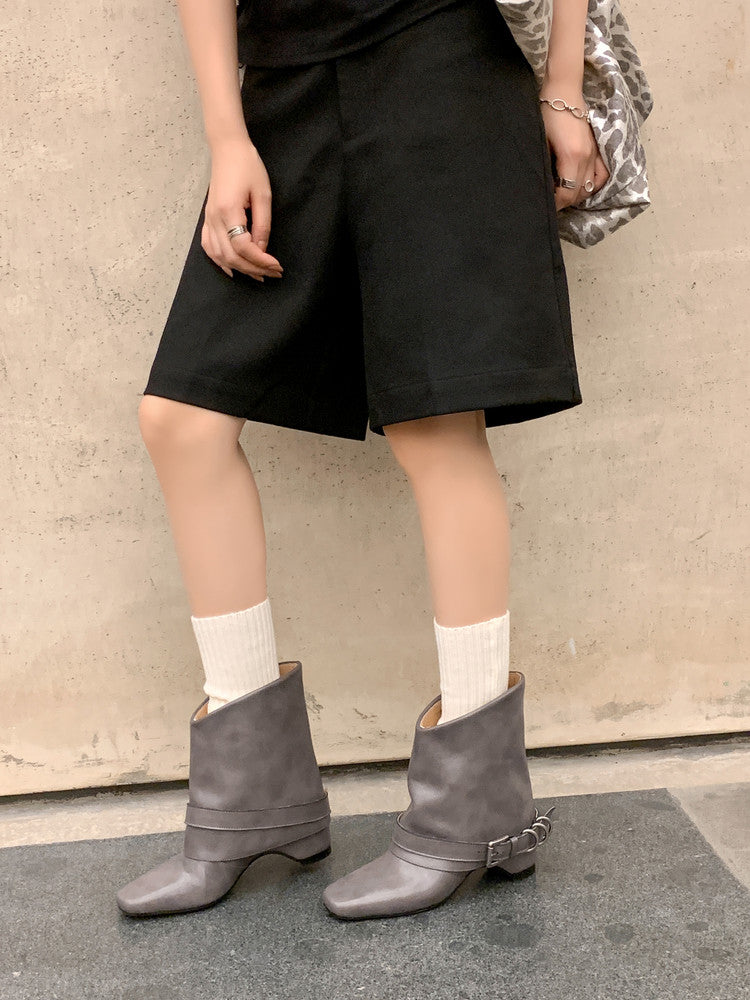 Karin Luna Data Hot Item Square Toe Hidden Wedge Belt Buckle Suede Ankle Boots