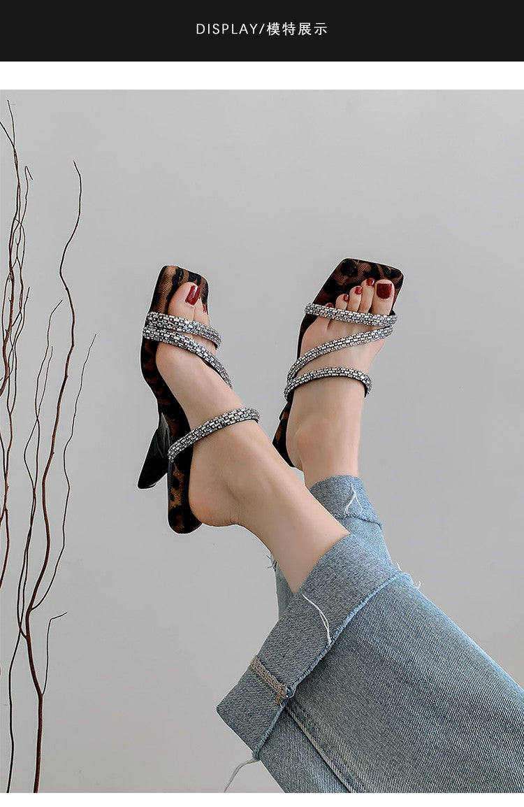 Karin Luna In Stock Spot Goods  Rhinestone One-Strap Irregular Heel Square-Toe Slippers