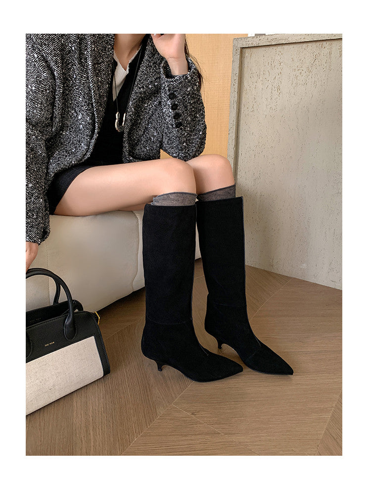 Karin Luna In Stock Spot Goods Retro Cowhide Pointed Toe Stiletto Elegant Long Boots