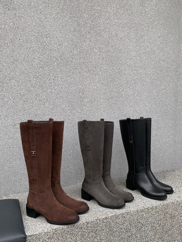 Karin Luna In Stock Spot Goods Basic Retro Square Toe Chunky Heel Riding Boots