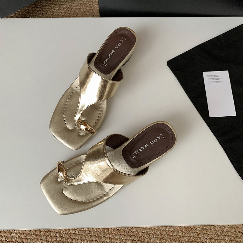 Karin Luna In Stock Spot Goods Clip-toe Square Toe Metal Buckle Minimalist Slippers