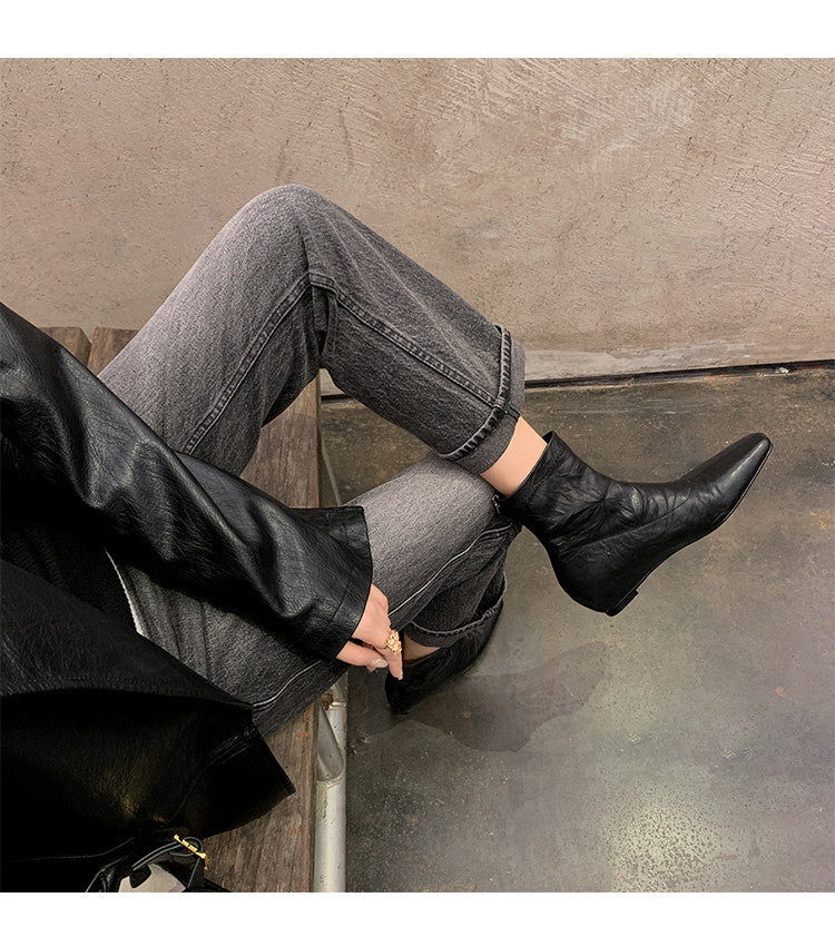 Karin Luna In Stock Spot Goods Slim Series  Hidden Wedge Small Square Toe Back Zipper Short Boots
