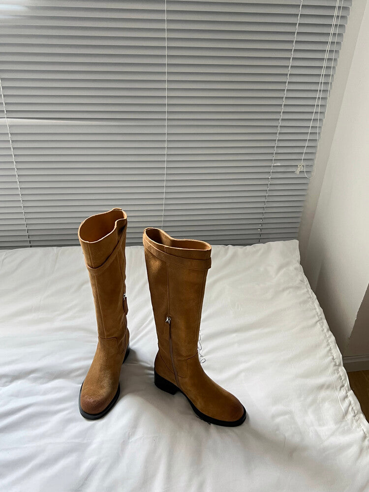 Karin Luna Chunky Heels Round Head Belt Buckle  Fashionable Suede Boots