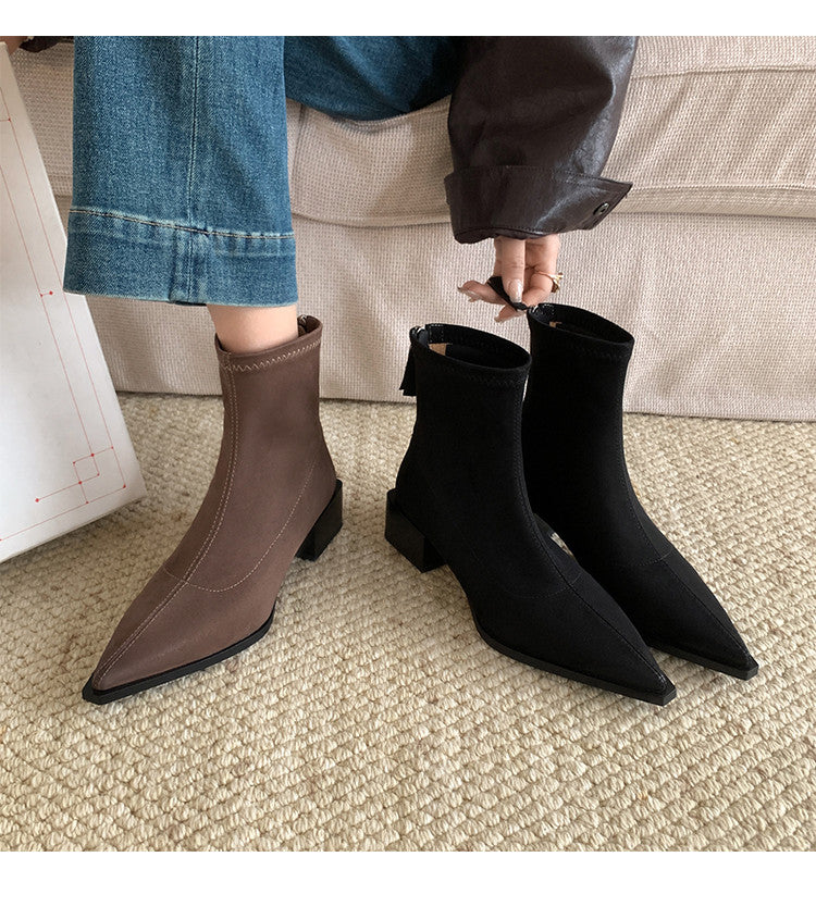 Karin Luna In Stock In Stock Elastic Slim Pointed Toe Chunky Heel Basic Ankle Boots