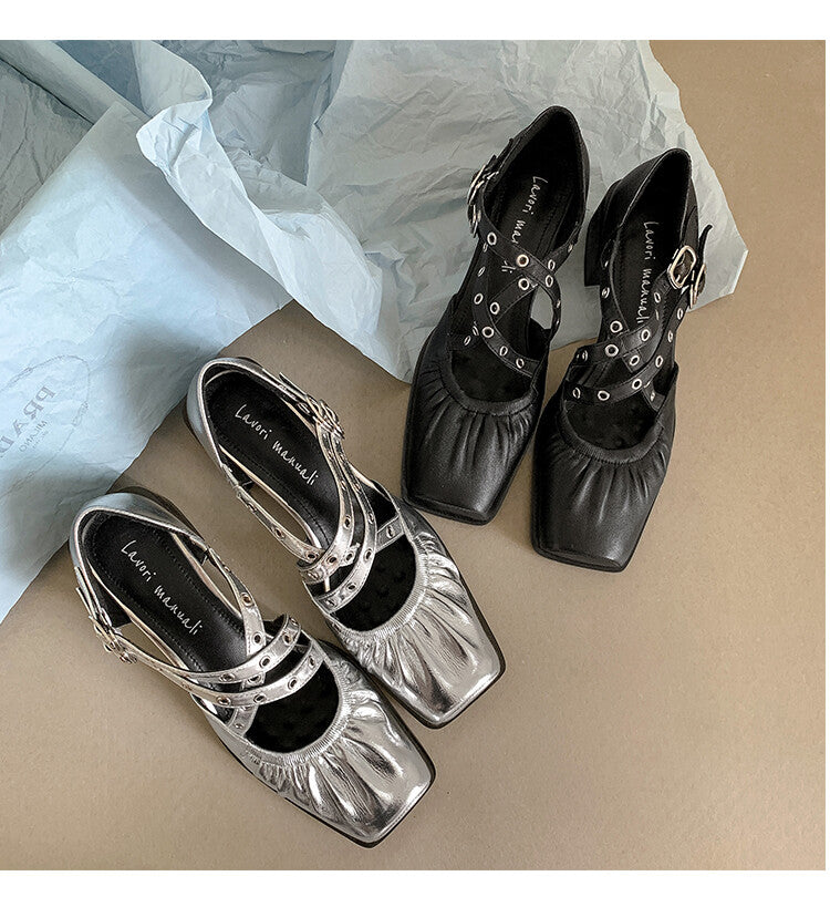 Karin Luna In Stock Spot Goods First Layer Sheepskin Cross Strap Rivet Square Toe Mary Jane Sandals