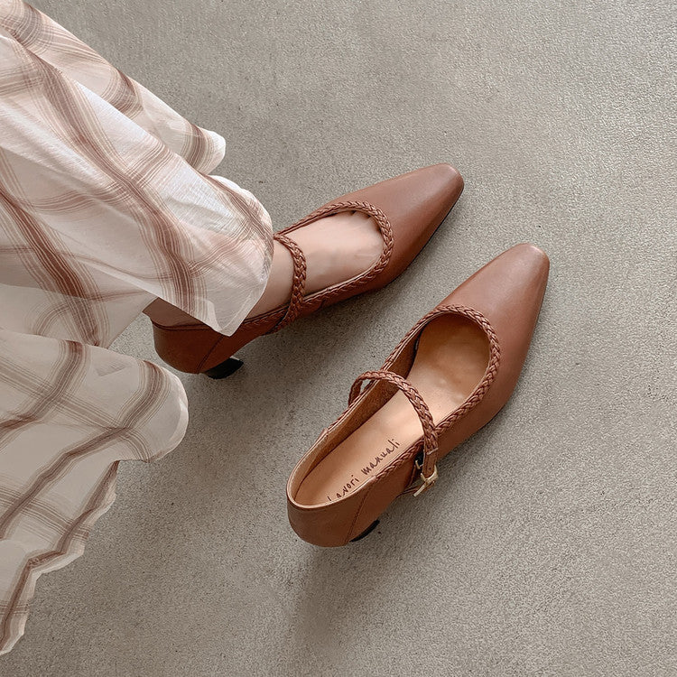 Karin Luna Braided Element Design Chunky Heel Square Toe Single Strap Shoes