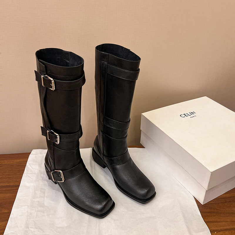 Karin Luna In Stock In Stock European and American Style Square Toe Thick Sole Belt Buckle Long Boots