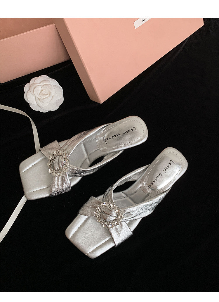 Karin Luna In Stock In Stock Elegant Square-Toe Cross-Strap Rhinestone Square-Toe Slippers