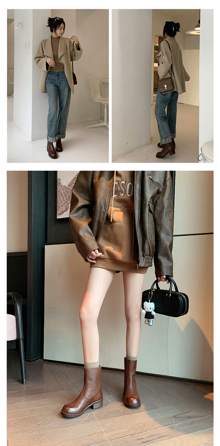 Karin Luna In Stock Spot Goods  Full-grain leather inside and out   Minimalist Texture  Round Toe Flat Bottom Basic Short Boots