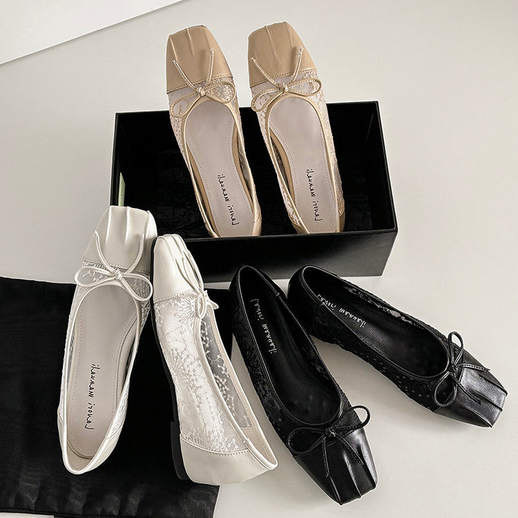 Karin Luna In Stock In Stock  Wrinkled Square Toe Patchwork Breathable Mesh Bow Granny Shoes