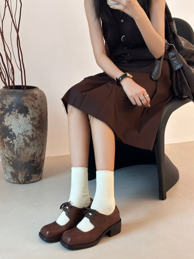 Karin Luna In Stock Spot Goods   Full leather inside and out Vegetable Tanned Hand-Grabbed Sheepskin Square-Toed Chunky Heel Single Shoes