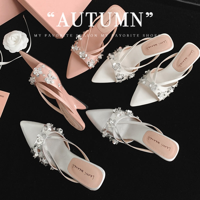 Karin Luna Bestseller Sequin Elements Elegant Pointed Toe Irregular Heel Slippers