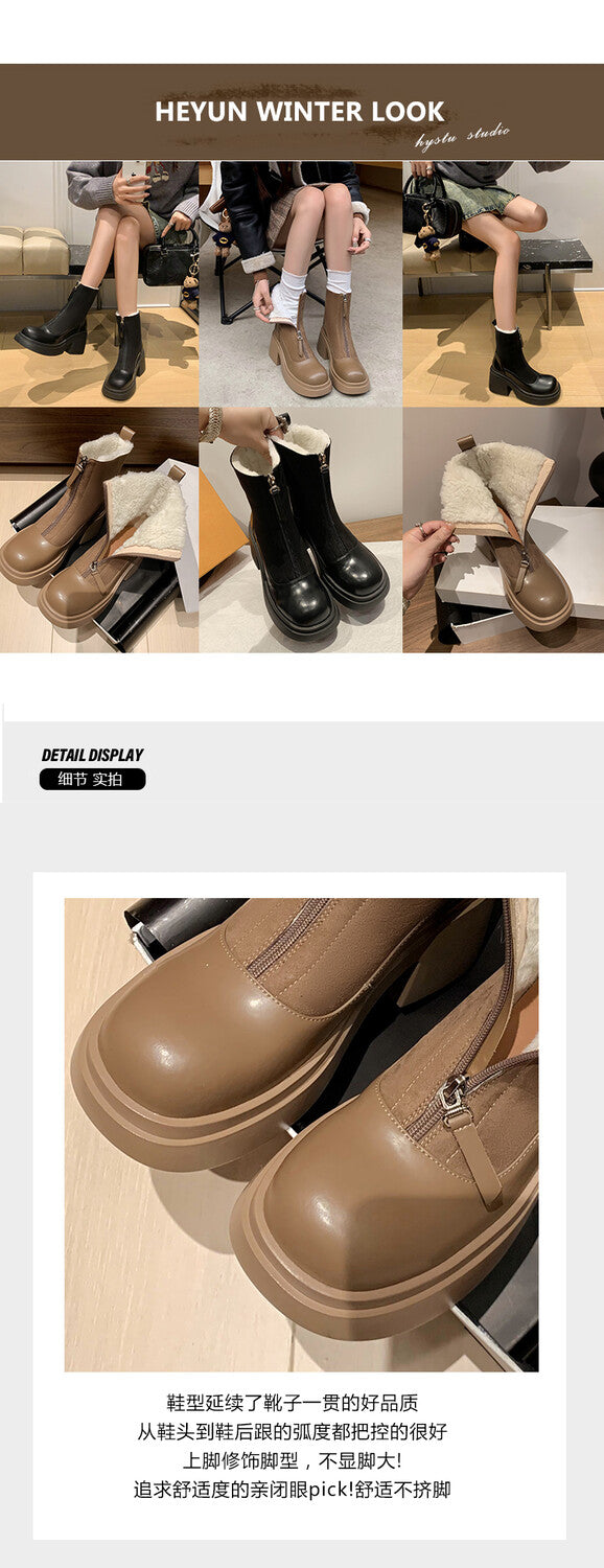 Karin Luna Basic Bestseller Timeless Thick Fur Lined Round Toe Thick Sole Cowhide Snow Boots