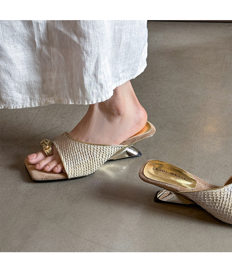 Karin Luna Fish Skin Series~Minimalist Square Toe Popular Irregular Heel Slippers