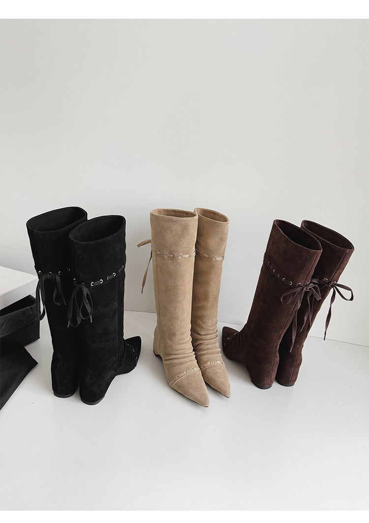 Karin Luna Elegant Style  Pointed Toe Pleated Hidden Wedge Western Boots