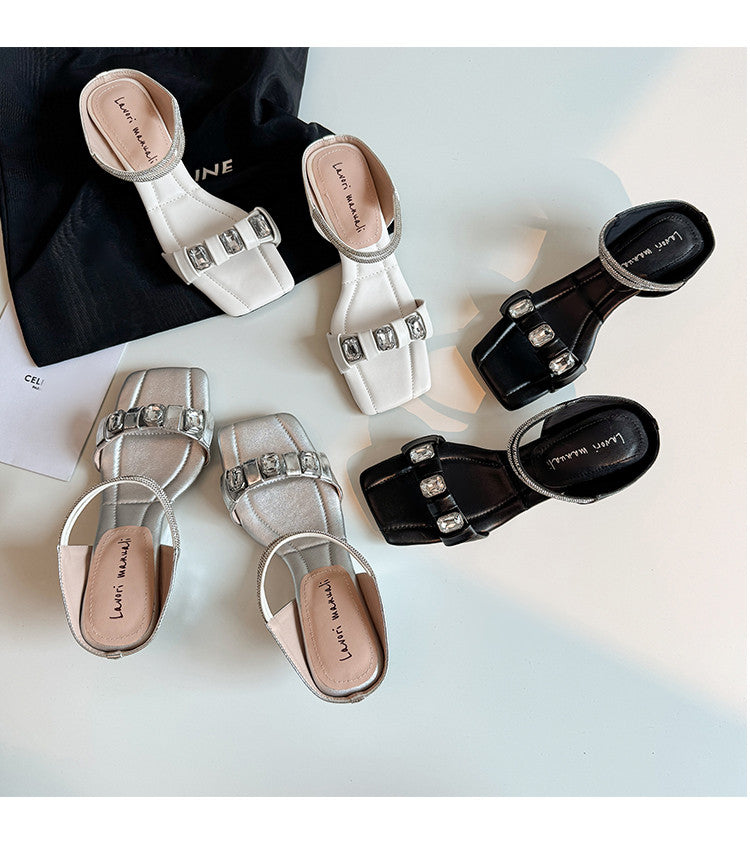 Karin Luna Bestseller Popular Rhinestone Ribbon Square Toe Slippers