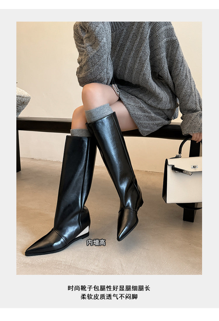 Karin Luna Elegant Style Pointed Toe Internal Height Increase Slip-On Long Boots