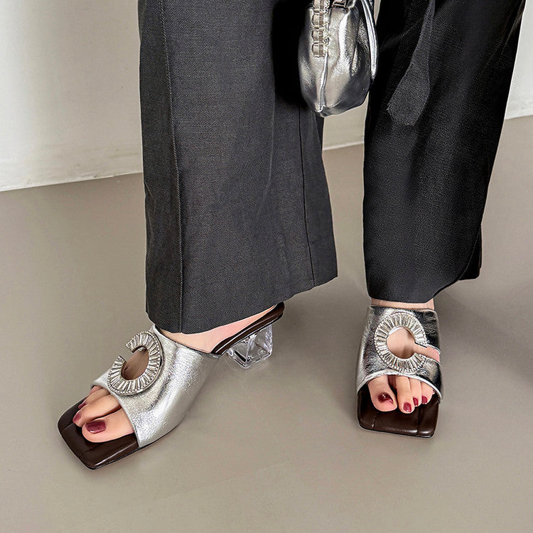 Karin Luna In Stock  Spot Goods  Large Rhinestone Square-Toed Crystal Heel Slippers