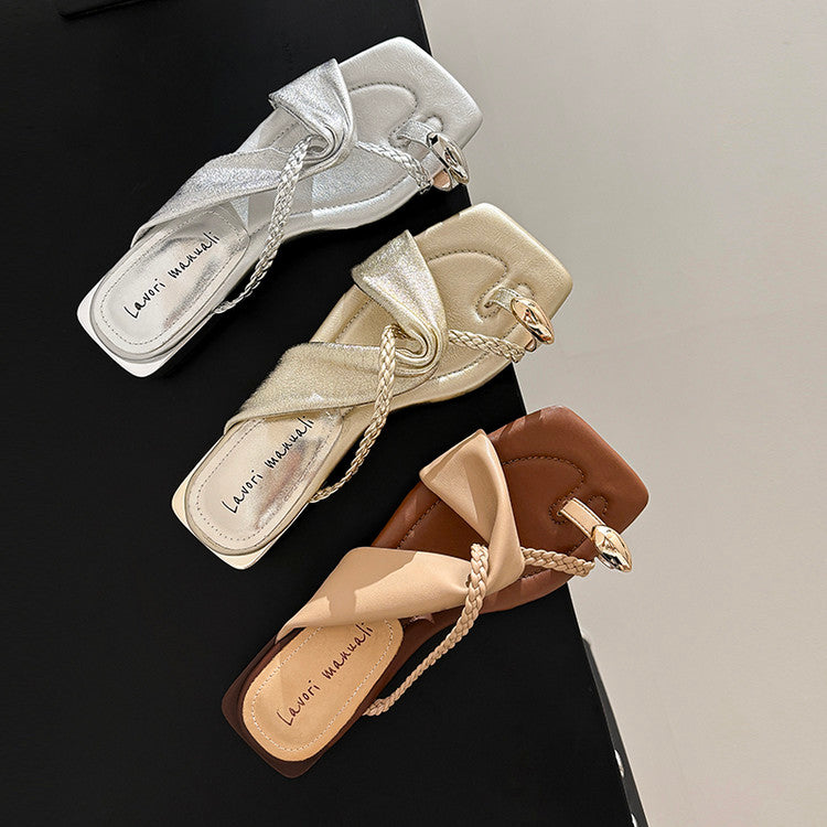 Karin Luna  Square Toe Braided Cross Thick Heel Flat Slippers
