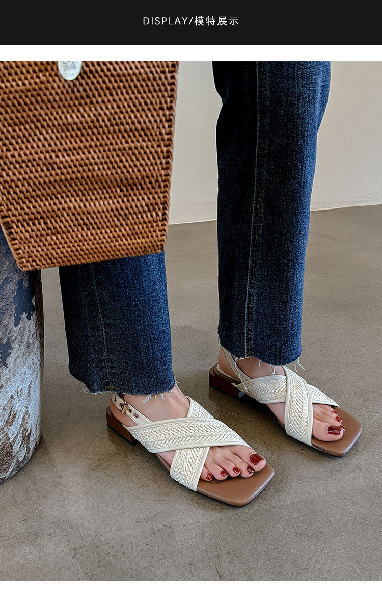 Karin Luna In Stock  Spot Goods Woven Style  Cross-strap Vacation Style Flat Sandals