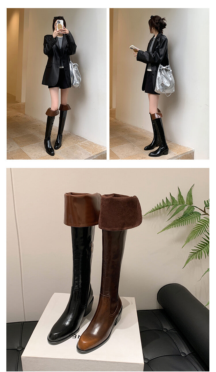 Karin Luna exploded  Three versions exploded Single Fleece Lining Fur Collar Version  Thick Fur Collar Foldable Hot-Selling Full Cowhide Pointed Toe Chunky Heel Classic Style