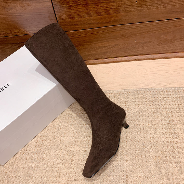 Karin Luna In Stock Spot Goods   Small Square Toe Thin Heel Elegant Slimming Long Boots