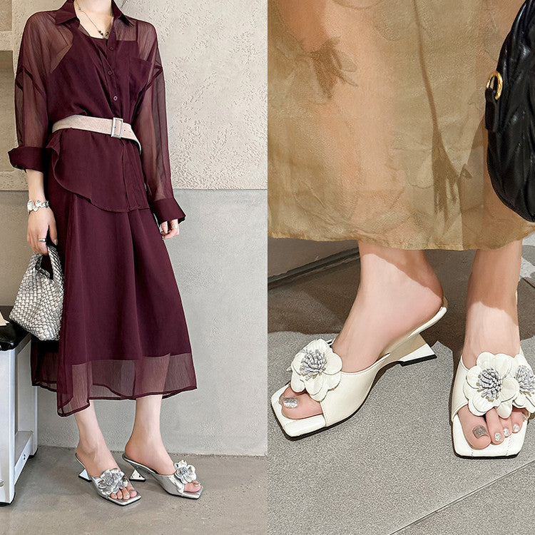 Karin Luna In Stock Spot Goods Camellia Classic style retro square toe shaped heel slippers