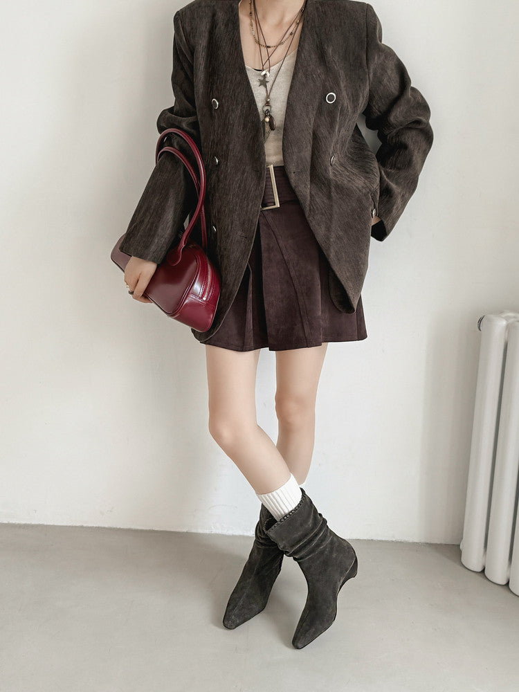 Karin Luna Small Square Toe Retro Ruched Pile Short Boots