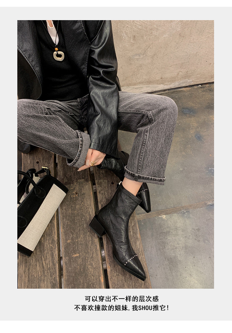 Karin Luna In Stock In Stock Slim Boots Series~Pointed Toe Rivet Slim Short Boots