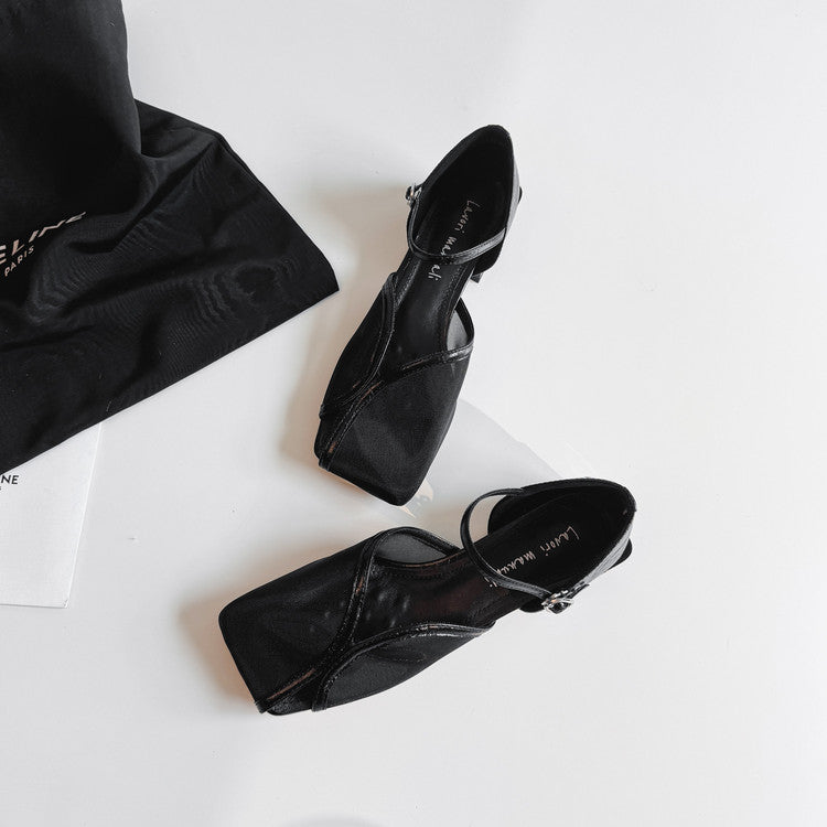 Karin Luna In Stock In Stock  Internet Celebrity Style Square Toe Mesh Chunky Heel Sandals