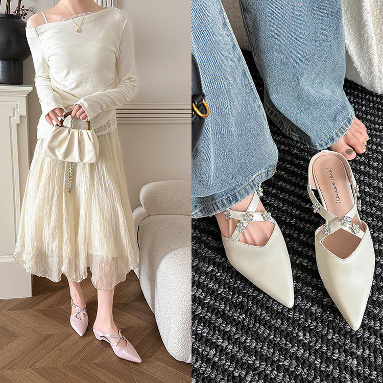Karin Luna Elegant Pointed Toe Rhinestone Flower High Heel Mules