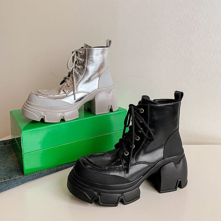 Karin Luna Casual Thick Sole Full Cowhide Lace-up Thick-soled Short Boots   Classic All-Matching