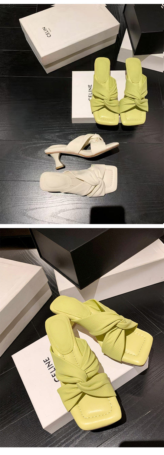 Karin Luna In Stock In Stock  Comfortable Cross Strap  Airy High Heel Square Toe Slippers