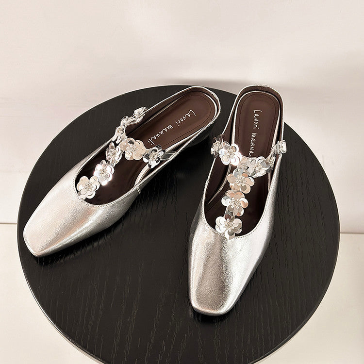 Karin Luna In Stock Spot Goods  T Handmade Sequin Flower Square Toe Height-Increasing Closed-Toe Slippers