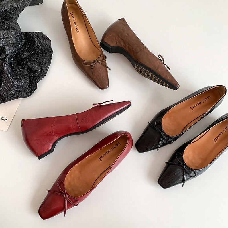 Karin Luna Full Layer Inside and Out~Basic Versatile Small Square Toe Butterfly Knot Irregular Heel Single Shoes