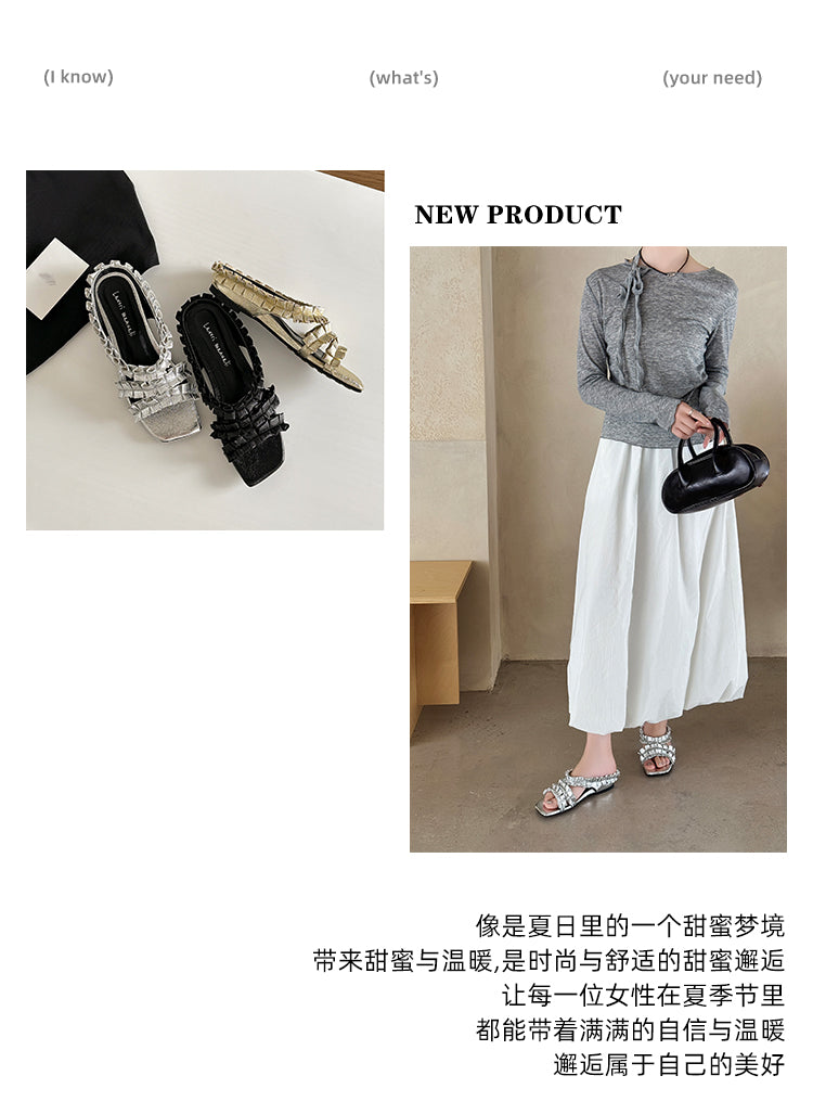 Karin Luna In Stock   Spot Goods  Niche Design Square-Toed Pleated Flat Slippers