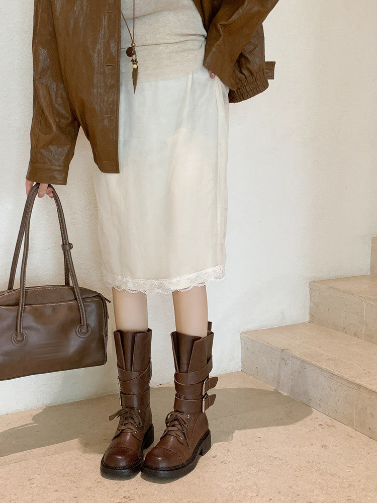 Karin Luna Bestseller Hot-Selling Large Tube Leather Belt Buckle Round Toe Thick-Soled Short Boots
