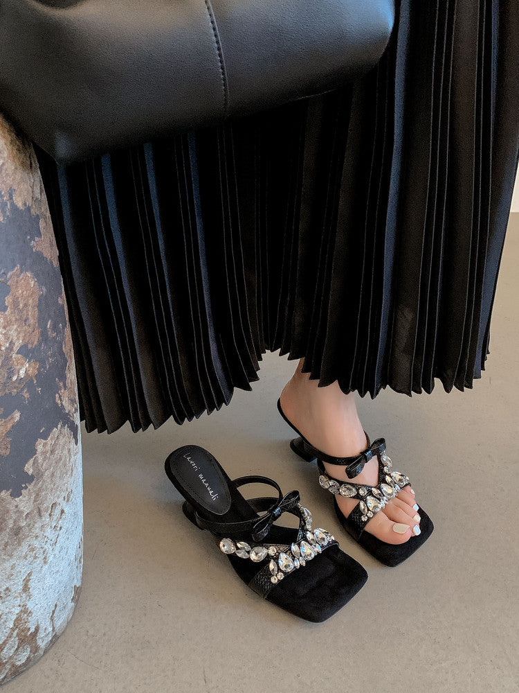 Karin Luna In Stock In Stock  Square Toe Rhinestone Bow Suede Slippers