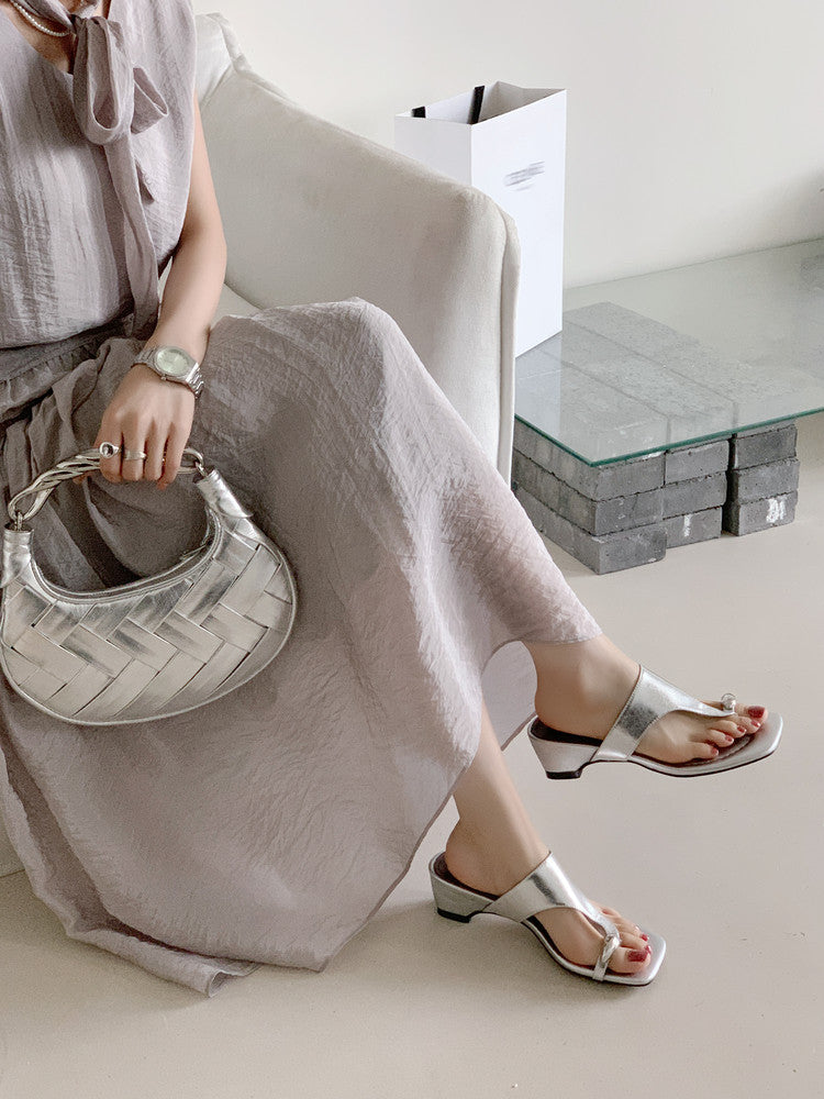 Karin Luna In Stock Spot Goods Clip-toe Square Toe Metal Buckle Minimalist Slippers
