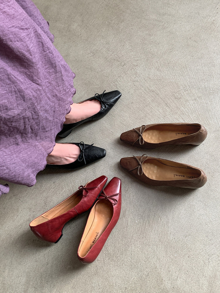 Karin Luna Full Layer Inside and Out~Basic Versatile Small Square Toe Butterfly Knot Irregular Heel Single Shoes