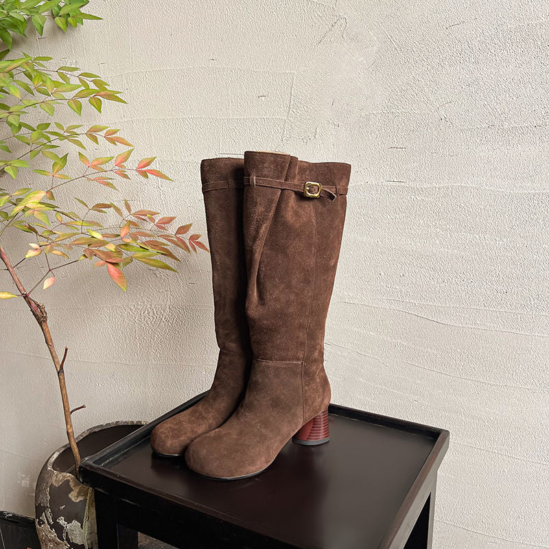 Karin Luna In Stock In Stock Mango Head Large Tube Belt Buckle Chunky Heel Long Boots