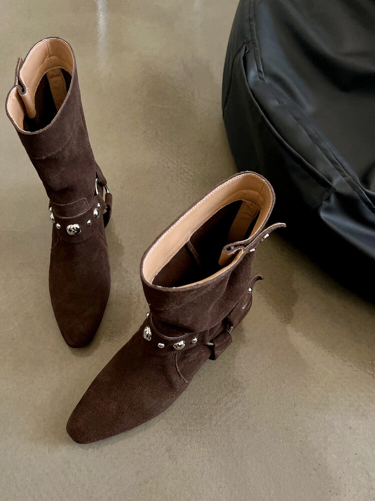 Karin Luna has prepared stock  Hot-Selling Retro Pointed Toe Wedge Metal Buckle High Tube Western Boots