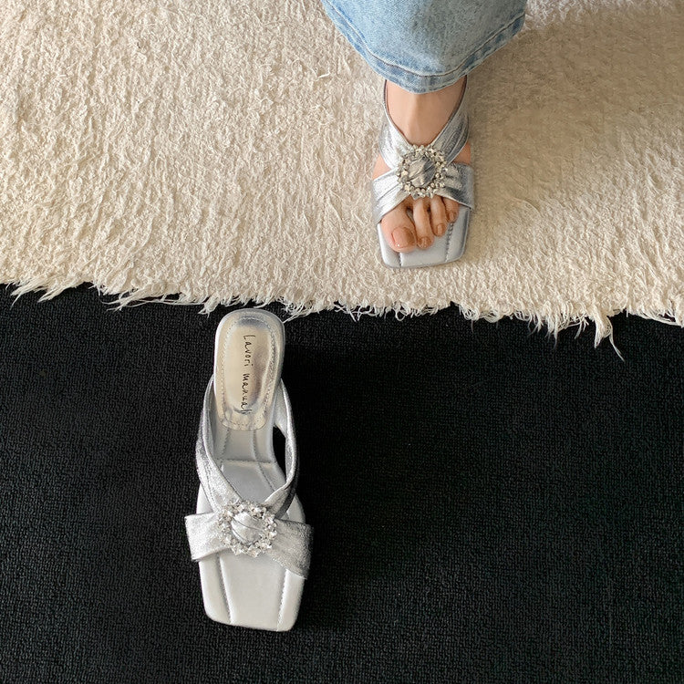Karin Luna In Stock In Stock Elegant Square-Toe Cross-Strap Rhinestone Square-Toe Slippers