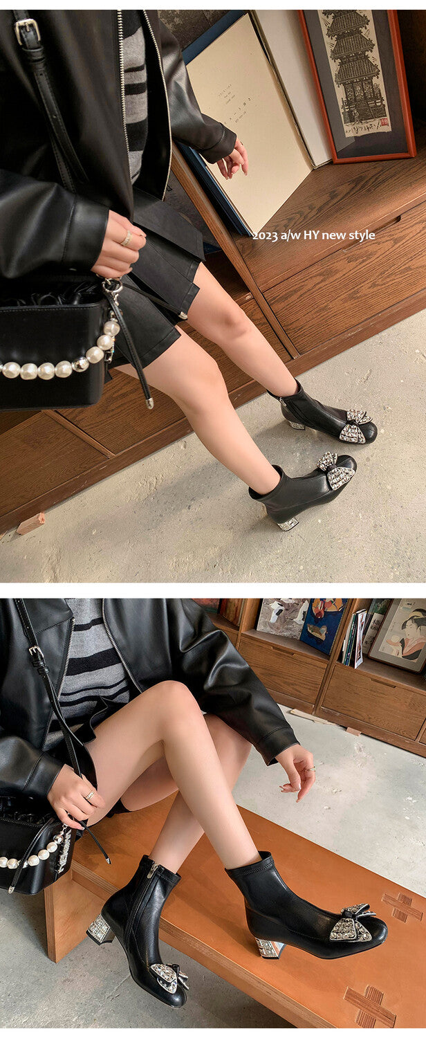 Karin Luna In Stock   Rhinestone Bow Thick Heel Slim Boots