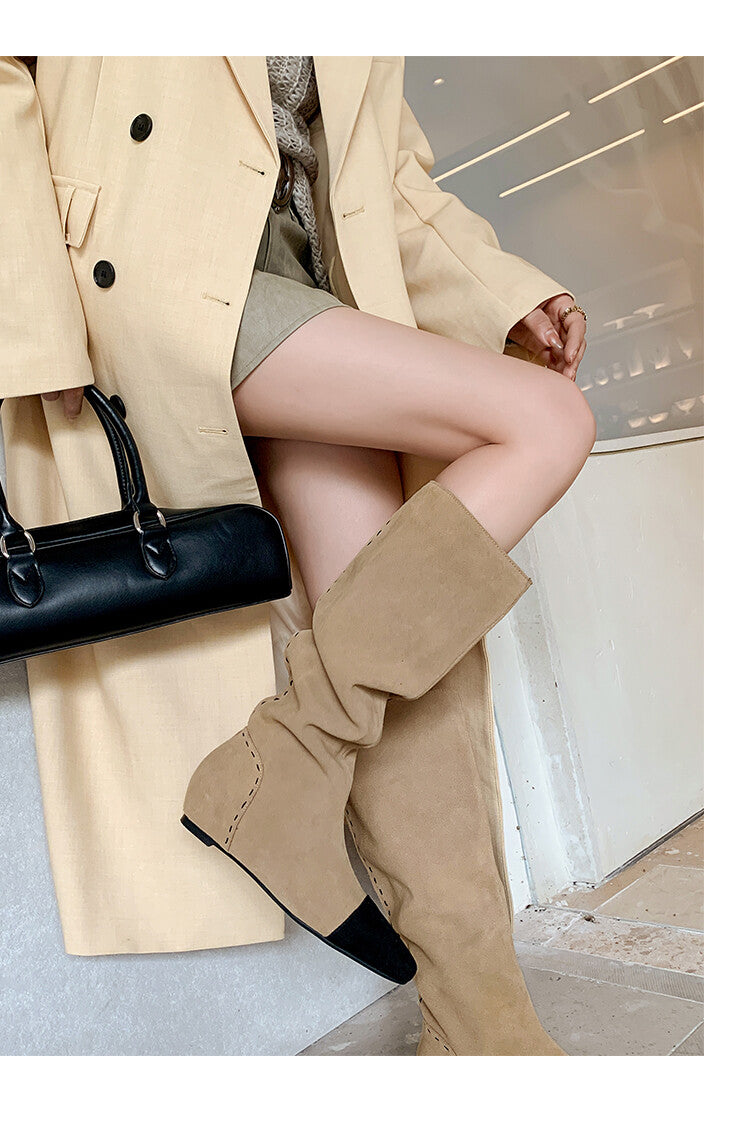 Karin Luna In Stock Spot Goods TikTok Live Hot Item Full Cowhide Leather Pointed Toe Retro Wedge Heel Stacked Boots