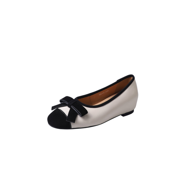Karin Luna In Stock Spot Goods    Color Block Sweet Bowknot Hidden Wedge Shallow Mouth Flats