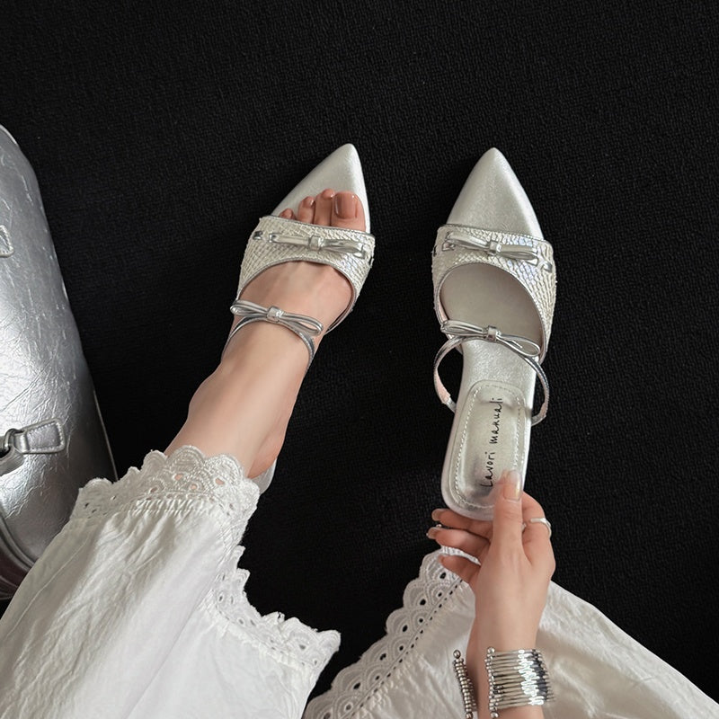 Karin Luna Fish Skin Series~Pointed Toe Irregular Heel Bowknot Strap Slippers