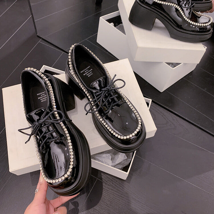 Karin Luna In Stock In Stock  Rhinestone Shoe Edge Trim Lace-up Thick Sole Loafers Best-selling in stock